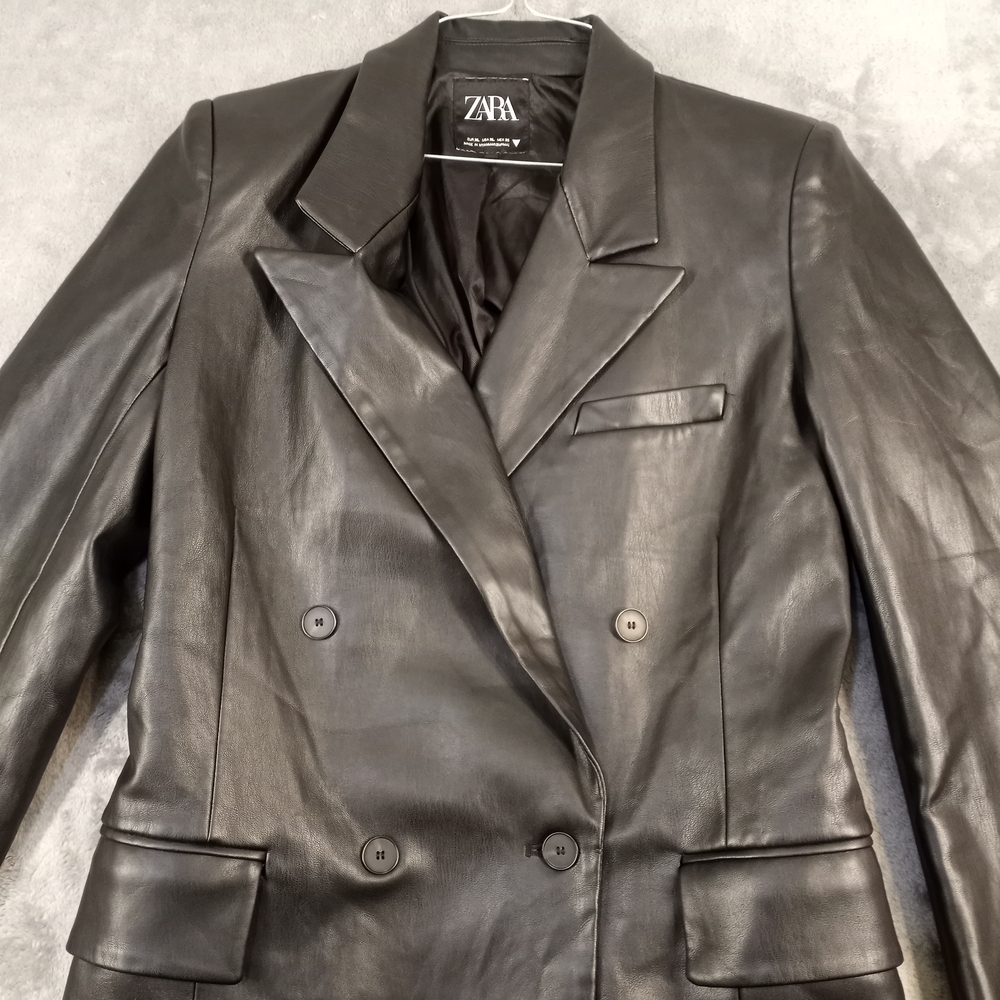 Zara Women's Black Faux Leather Blazer Jacket Size Medium - Picture 3 of 16